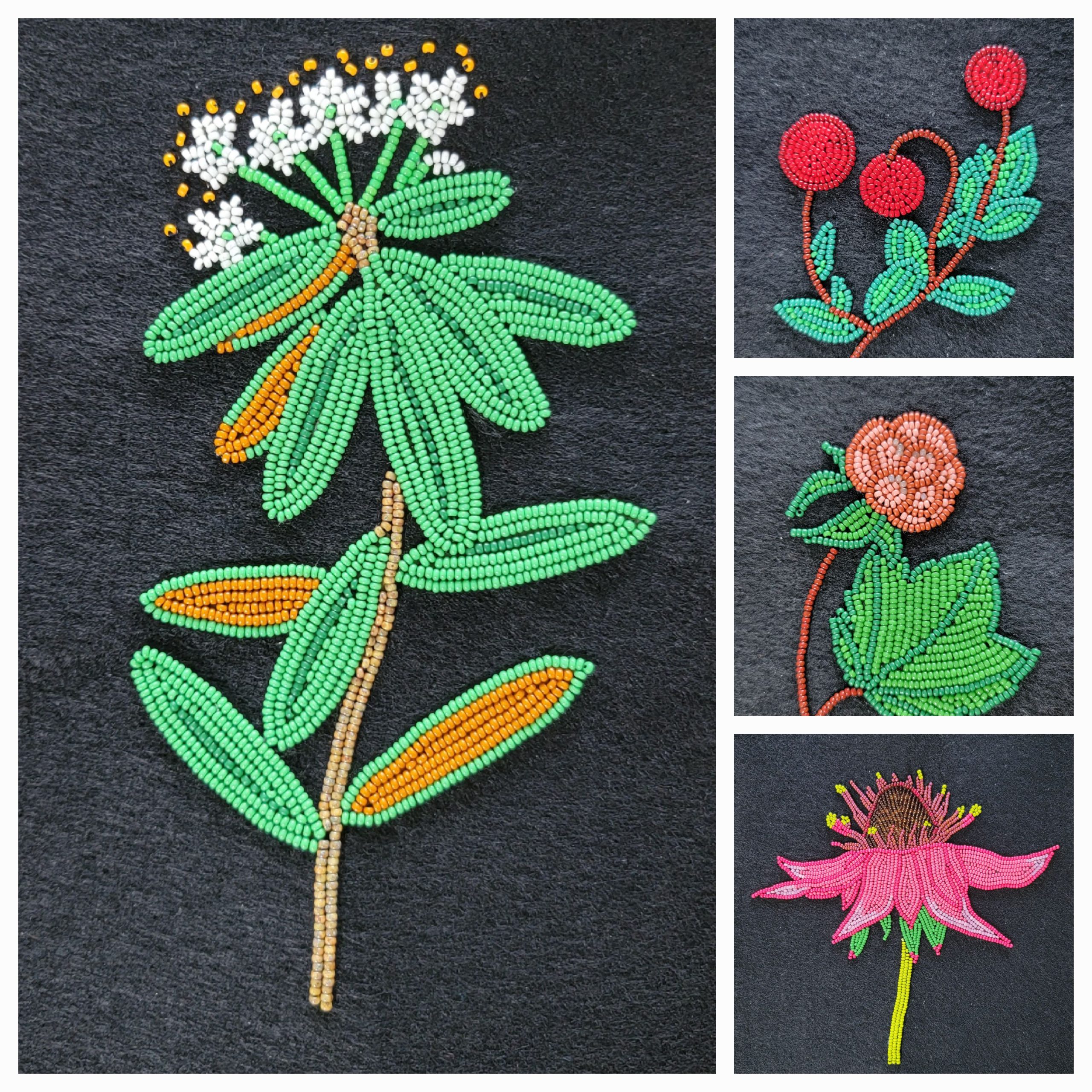 An image of several flowers and plants created using beads on textile