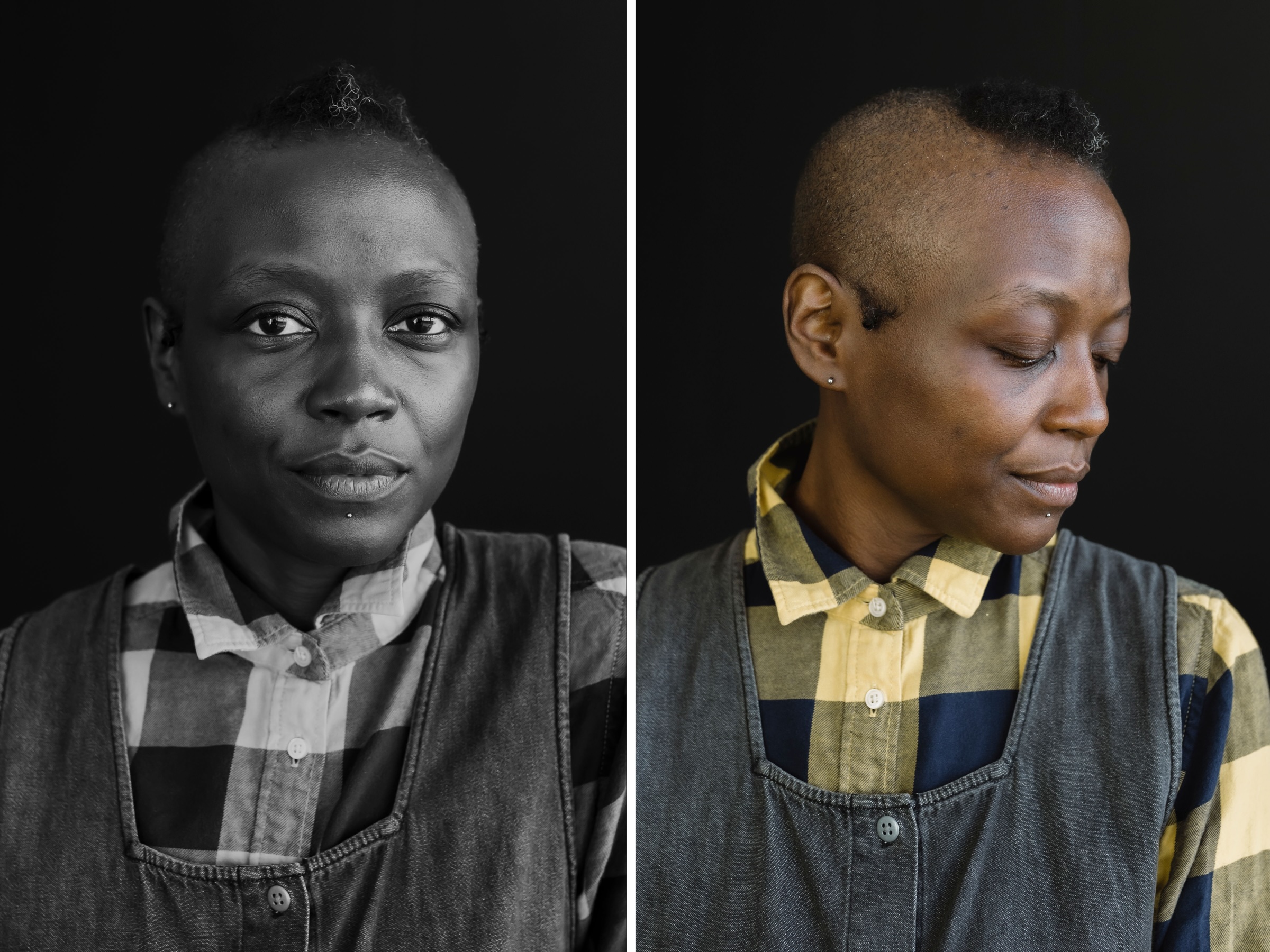 Taisha Paggett's portraits with a short haircut in a plaid shirt and denim jumper"